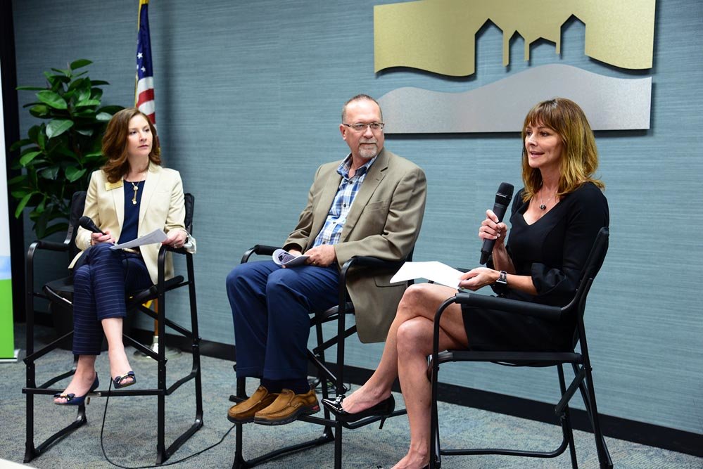 IN THE PIPELINE: At a Springfield chamber panel discussion, BKD LLP’s Julie Cummings, right, shares about company programs to attract college students with moderator Logan Aguirre, left, and Scot Scobee of Springfield ReManufacturing Corp.